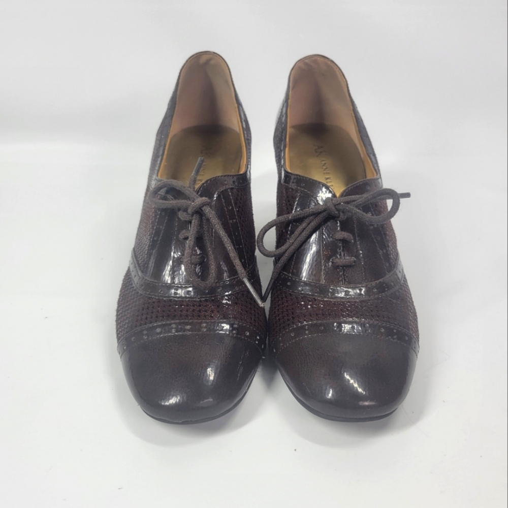 Vintage Anne Klein 1990s Brown Tweed Lace Up Oxford Shoes Chunky Heel Sz 7.5